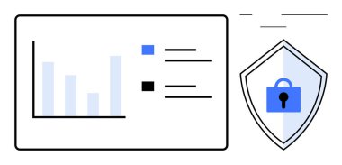 Bir asma kilit ikonu ile birlikte bir güvenlik kalkanı yanında gösterilen çubuk çizelgesi analizleri. Veri güvenliği, gizlilik, analitik, siber güvenlik, koruma, bilgi yönetimi, dijital güvenlik için idealdir. Soyut