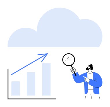 Yükselen bir çubuk grafiğinin üzerinde bulut, büyümeyi gösteren ok, büyüteçle analiz eden insan. Veri analizi, bulut hesaplama, iş stratejisi, büyüme projeksiyonu, eğilim için ideal