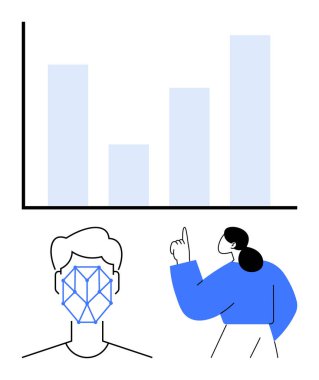 Yüz tanıma sisteminin yanında bar çizelgesi analizi, ölçümleri gösteren gözlemci. Yapay zeka, veri gizliliği, araştırma, yenilik, teknoloji, analitik güvenlik için idealdir. Düz basit metafor