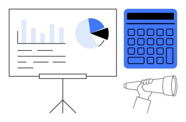 Beyaz tahtada çizelge grafiği ve pasta grafiği, mavi hesap makinesi ve teleskop tutan bir el. Veri analizi, mali planlama, tahmin, karar verme, eğitim, iş stratejisi için ideal