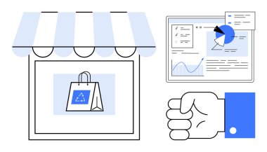 Alışveriş çantasıyla çevrimiçi mağaza, analitik çizelgeler ve diyagramlar ve kullanıcı eli ile arayüz. Perakende, e-ticaret, dijital pazarlama, fintech, kullanıcı deneyimi, veri içgörüleri basit iniş için ideal