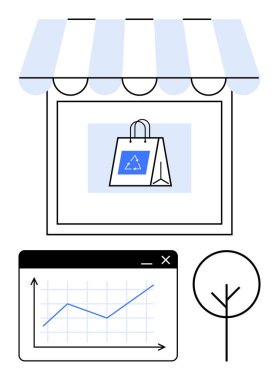 Çevre dostu alışveriş torbası, analitik çizelgesi ve minimalist ağacı olan dükkan önü. Sürdürülebilirlik, perakende büyüme, eko-ticaret, çevresel odaklanma, analitik, iş başarısı için idealdir.