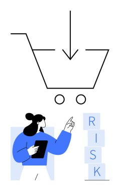 Tablet tutan kadın, aşağıya doğru ok atan bir alışveriş arabası ikonunun altındaki risk bloklarını işaret ediyor. E-ticaret, karar verme, strateji, iş büyümesi, risk değerlendirmesi, finans, planlama için ideal