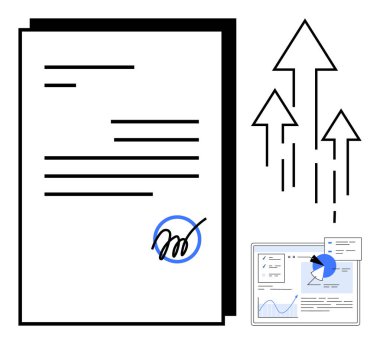 İmzalanmış belge, çizelgeli analitik panel, gelişmeyi sembolize eden üç ok. Dijital imza, iş büyümesi, veri analizi, üretkenlik, sözleşme yönetimi ve yenilik için ideal