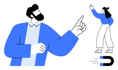 Erkek ve kadın mıknatısın yanında hareket ederek çekim, bağlantı ve nüfuzu temsil ediyorlar. Liderlik, pazarlama, ağ, iletişim, strateji, takım çalışması için ideal basit