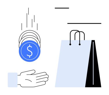 Para bir alışveriş çantasının yanına konuyor. Ödeme, e-ticaret, online alışveriş. Ticaret, alım satım, perakende, finans, tüketim için ideal, düz metafor harcamak