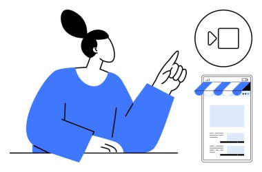 Kadın video içeriğini ve yayın platformunu vurgulayan dijital arayüzle etkileşime giriyor. Medya paylaşımı, çevrimiçi öğrenme, sosyal medya, dijital reklamcılık, e-ticaret, içerik oluşturma için ideal