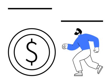 Para, servet ve başarı arayışını sembolize eden büyük bir dolar işareti parasına doğru koşuşturan kişi. Finans, hırs, ekonomi, kariyer, yatırım motivasyon fırsatı için ideal