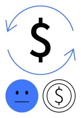 Akışı gösteren yuvarlak oklarla dolar sembolü, tarafsız bir yüz ve bozuk para tasarımı. Finans, ekonomi, tasarruf, para konularında duygu, işlemler, iş modelleri için ideal düz bir metafor
