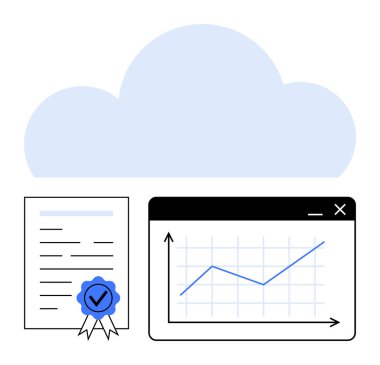 Üzerinde mavi rozetli bir bulut ve analitik panelde yükselen grafiğin yanında işaret var. Veri güvenliği, sertifika, iş büyümesi, analitik, teknoloji, bulut depolama, başarı için ideal