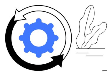 Mavi dişli, soyut santrallerin yakınındaki işleme otomasyonunu işaret eden oklarla çevrili. Eko-yenilik, sürdürülebilirlik, sistem iyileştirmesi, iş akışı süreçleri, geri dönüşüm, kalkınma stratejisi için ideal