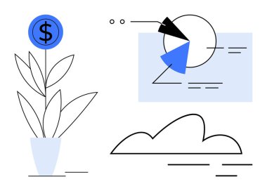 Dolar işaretli para fabrikası, analizli pasta grafiği ve bulut simgesi. Finans, yatırım, strateji, sürdürülebilirlik, teknolojik yenilik için ideal ekonomik trendler ve asgari tasarım. Düz basit