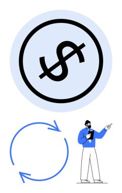 Çemberdeki doların kesiştiği, maliyetsiz konsepti, süreci temsil eden mavi dairesel oklar, pano açıklayan erkek sunucu. Finans, ekonomi, süreç ve açıklama için ideal