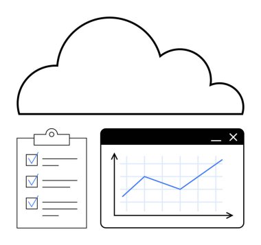 Kontrol listesinin üstündeki bulut ve tarayıcı penceresindeki çizgi grafiği ilerlemeyi, organizasyonu ve veri yönetimini temsil ediyor. Üretkenlik, teknoloji, analitik, bulut hesaplama, iş planlaması için ideal