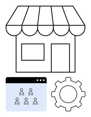 Dükkan önü ve teçhizat işlemleri ve araçları temsil ederken, çevrimiçi kullanıcı arayüzü dijital ağları tasvir ediyor. Ticaret için ideal, girişimler, takım çalışması, teknoloji, e-ticaret, yönetim, soyut çizgi düz