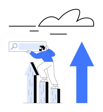 Başarı ve büyümeyi sembolize etmek için arama çubuğu tutarken bireysel tırmanma çubukları. İş, veri analizi, çevrimiçi arama, SEO, ilerleme, kariyer geliştirme ve yenilik için ideal. Düz basit
