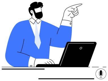 Mavi takım elbiseli bir iş adamı dizüstü bilgisayar kullanırken elini kaldırır. Liderlik için ideal, sunum becerileri, karar verme, analiz, strateji, üretkenlik, düz basit