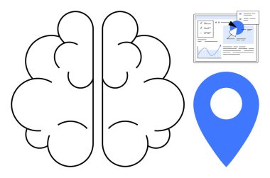 Zekayı, yeniliği, veri görselleştirmesini, teknolojiyi, dijital çözümleri, araştırma süreçlerini, basit iniş sayfasını temsil eden analitik gösterge paneli ve konum pimini içeren beyin ana hatları