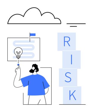 Adamın biri fikirleri temsil eden bir ampulü işaret ediyor, yığılı bloklar RISK yazılıyor ve bulutlar tepemizde. Strateji, yenilik, karar verme, beyin fırtınası, analitik ve risk değerlendirmesi için ideal