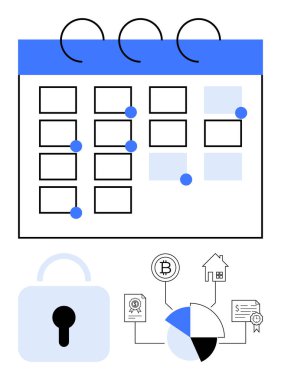 Önemli tarihleri işaretleyen takvim, güvenlik sembolü, finansal yatırım simgeleri. Veri güvenliği, planlama, fintech, dijital organizasyon, engelleme sistemleri, iş hedefleri düz
