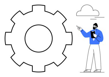 İş dünyasının profesyonel puanları, elinde bir pano tutarken, süreç optimizasyonu, yenilik ve takım çalışmasını simgeleyen büyük bir vites simgesini gösteriyor. Strateji, planlama, endüstri, iş akışı, yönetim için ideal