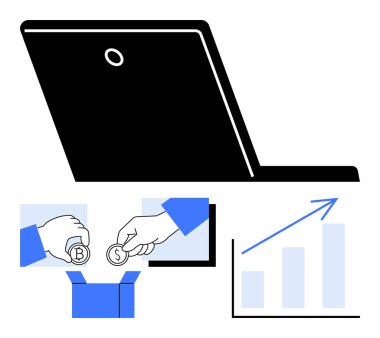 Dizüstü bilgisayar, Bitcoin ve dolar değişimi, mavi kutu, oklu büyüme grafiği. Finans, kripto para birimi, e-ticaret, online bankacılık iş analizi fintech yatırımı için idealdir. Düz