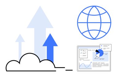 Büyümeyi gösteren okları olan bulut, küresel erişimi sembolize eden bir küre, analitik içerikli veri paneli. Teknoloji, yenilik, veri analizi, bağlantı, bulut hesaplaması, küresel