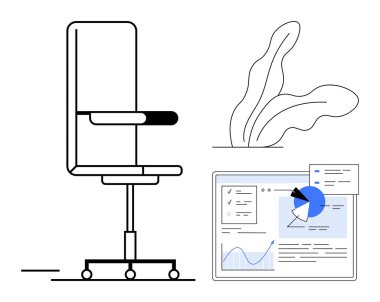 Tekerlekli modern ofis sandalyesi, veri analizi gösteren arayüz ekranı ve çalışma alanı atmosferini geliştiren dekoratif bitki. Üretkenlik, çalışma alanı tasarımı, işyeri titreşimleri ve analitik için ideal