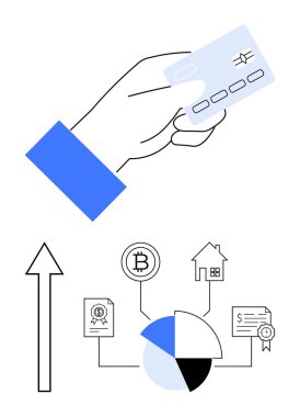 Kredi kartı, pasta grafiği kripto para birimleri, konutlar, sertifikalar ve sözleşmeler arasında finansman paylaşımı. Finans, yatırım, dijital ödemeler, bankacılık bütçesi için ideal