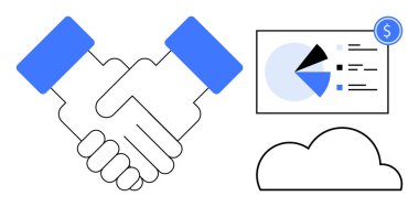 Ortaklığı sembolize eden tokalaşma, veri analizini temsil eden pasta grafikleri, teknoloji için bulut. İş çözümleri, takım çalışması, finans, ortaklıklar, teknoloji entegrasyonu, büyüme yeniliği için ideal