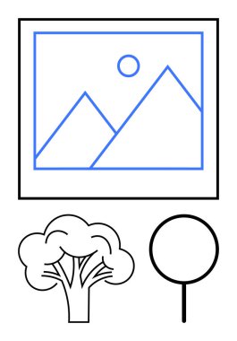 Çerçevelenmiş dağ sanatı, farklı tasarımları olan iki ağaç simgesi. Doğa, sanat, minimalizm, ekoloji, basitlik, dekorasyon yaratıcılığı için idealdir. Temiz düz basit metafor