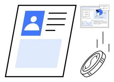 Avatar ve metin içeren kişisel profil sayfası, çizelgeli analitik panel ve düşen para. Veri analizi, kullanıcı profilleri, finans, teknoloji kavramları, dijital çözümler, sunumlar için ideal
