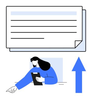 Elinde dosya tutan ve kağıt yığınlarının yanında işaret eden kadın ve yukarı doğru ok ilerlemeyi, başarıyı, değerlendirmeyi ve büyümeyi simgeliyor. Üretkenlik, yönetim, organizasyon ve başarı için ideal