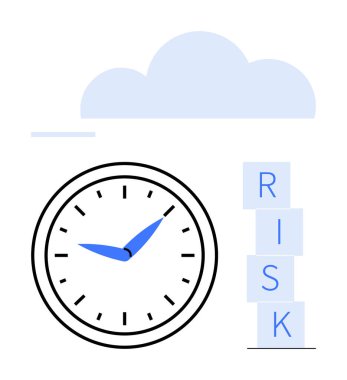 Analog saat mavi elli, bloklu yazım blokları RISK, yukarıdaki ışık bulutu. Zaman yönetimi için ideal, risk analizi, strateji planlaması, teslim tarihleri, belirsizlik, öncelikler düz çizgi