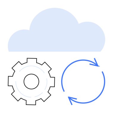 Vites simgesinin üstündeki mavi bulut ve dairesel oklar otomasyon, veri işleme ve senkronizasyonu temsil ediyor. Teknoloji, bulut depolama, iş akışı, yapay zeka, dijital araçlar, bağlantı dairesi için ideal
