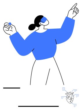 Kalın mavi elbiseli kadın kollarını kaldırıp anatomik bir kalbin diyagramının yanında küçük bir top tutuyor. Sağlık, duygu, tıbbi, yaratıcılık ve liderlik için ideal