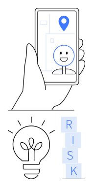 Gülümseyen yüzü ve lokasyon iğnesiyle el ele tutuşan akıllı telefon yaratıcılığı sembolize eden parlayan ampul yığın halinde RISK yazılıyor. Navigasyon, yenilik, karar verme, büyüme ve güvenlik için ideal