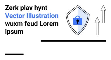 Kilit simgesine sahip kalkan ilerlemek için yukarı doğru oklarla eşleştirilmiş güvenliği vurguluyor. Siber güvenlik, veri gizliliği, teknoloji büyümesi, çevrimiçi güvenlik, güvenilirlik, güvenli sistemler, düz iniş için ideal