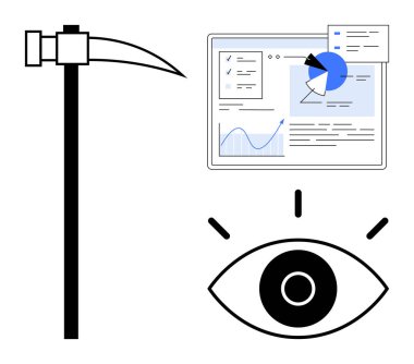 Madencilik aracı, grafikleri ve grafikleri olan dijital gösterge paneli, sezgilere odaklanmış gözler. Analiz, veri görselleştirme, madencilik, araştırma, izleme, strateji ve basit iniş sayfası için ideal