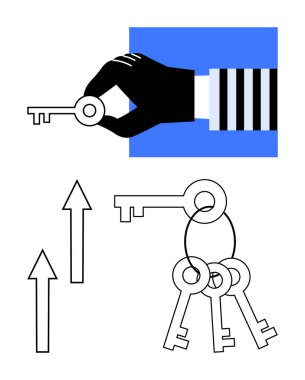 Kalın kollu bir anahtarla el ele tutuşmak. Etrafı toplu anahtarlar ve yukarı bakan oklarla çevrili. Başarı için ideal, potansiyeli açmak, fırsat, ilerleme, yenilik, çözümler, düz basit