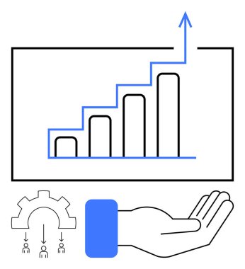 Yukarı doğru ok ile çizelge büyümeyi, el destekleme ilerlemesini ve bireyleri birbirine bağlayan teçhizatı gösteriyor. İş için ideal, yenilik, takım çalışması, liderlik, başarı planlama. Düz