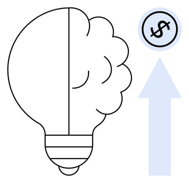 Yarı beyin yarı ampul tasarımı, yukarı doğru giden bir okun üzerinde bir çember içinde dolar işareti var. Yenilik, başarı, yaratıcılık, finans, strateji, büyüme ve girişimcilik için idealdir. Düz basit metafor