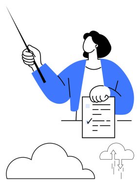 Kadın sunucu listeyi tutar, bulut diyagramına işaret kullanır. Öğretmenlik, analiz, strateji, verimlilik, planlama, takım çalışması beyin fırtınası için ideal. Açık düz basit metafor