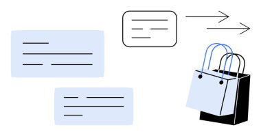 Kulplu alışveriş çantası, oklar ve iletişim ve teslimatı simgeleyen üç mesaj kutusu. E-ticaret, çevrimiçi alışveriş, dijital iletişim, lojistik, müşteri hizmetleri, perakende satış için ideal