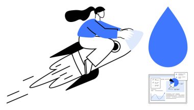 Roket süren bir kadın, soyut mavi damla ve analitik gösterge panelinin yanında gelişmeyi simgeliyor. Yenilik, büyüme, hız, iş, analitik, yaratıcılık için ideal, basit iniş sayfası