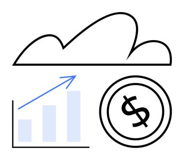 Büyüme çubuğu tablosu ve dolar işaretli bulut finansal büyüme, bulut teknolojisi ve analizi vurguluyor. Veri analizi, fintech, bulut depolama, iş büyümesi, yatırım, gelecek planlama için ideal