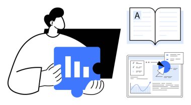 Kişi, çubuk grafik, açık kitap ve analitik gösterge paneli olan bir yapboz çizelgesi tutuyor. Eğitim, araştırma, veri, yaratıcılık, strateji, yenilik için ideal basit bir iniş sayfası