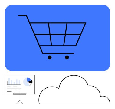 Alışveriş arabası e-ticaret çözümleri, internet depolama için bulut simgesi ve veri takibi için analitik kurulu temsil ediyor. Dijital perakende, veri analizi, pazarlama, bulut depolama, çevrimiçi için ideal