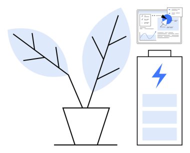 Dalları ve yaprakları olan saksı bitkisi, enerji ikonlu pil, ve gösterge paneli analitik ekranı. Sürdürülebilirlik, yeşil enerji, çevre dostu çözümler, yenilenebilir kaynaklar ve yenilik için ideal