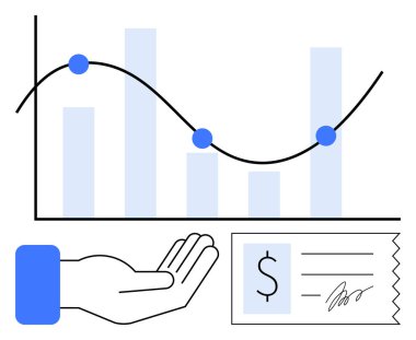 Noktalı ve çizgili bir mali grafiğin altında, imzalı bir makbuzun yanında. Finans, yatırım, ekonomik eğilimler, muhasebe, veri analizi, iş stratejisi, düz basit metafor
